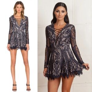 Stylestalker S Navy Blue Cream Lace Long Sleeve Lace Up Mini Dress